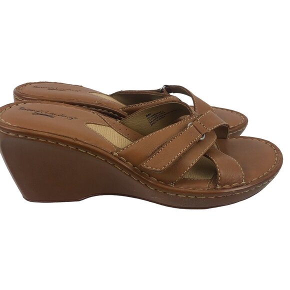 Brown's Landing Brown Leather 3" Wedge Heels Open Toe Shoes Women's Size 8 M - Picture 1 of 9